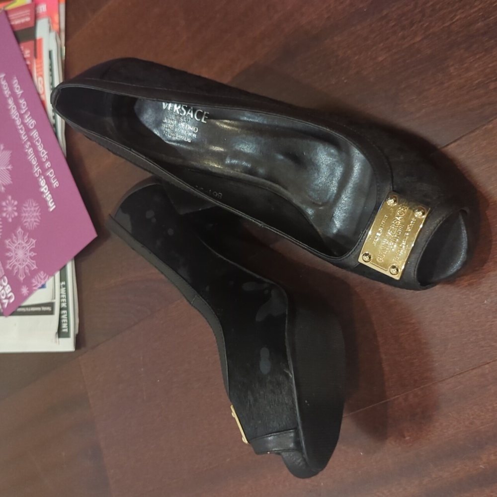 Gianni Versace couture black peek-a-boo cowhide heels